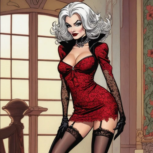 valentine pin up,vanderhorst,redstockings,countess,valentine day's pin up,fujiko,zatara,burlesques,christmas pin up girl,harley,corsetry,burlesque,harley quinn,pin up christmas girl,cruella de ville,dita,lady in red,baroness,femme fatale,stockings,Illustration,American Style,American Style 01