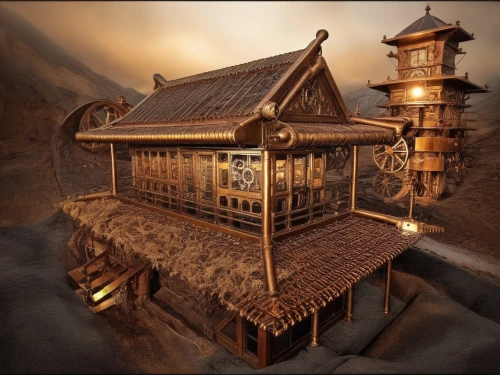 ancient house,traditional house,miniature house,wooden house,wooden roof,3d render,mountain settlement,wooden construction,asian architecture,model house,wooden hut,winter house,dojo,kunplome,house roofs,javanese traditional house,shambhala,teahouse,small house,wooden houses,Illustration,Realistic Fantasy,Realistic Fantasy 13