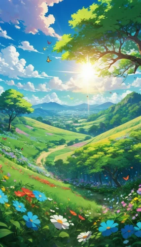 landscape background,spring background,springtime background,meadow landscape,blooming field,nature background,spring meadow,spring sun,spring morning,summer meadow,cartoon video game background,flower field,field of flowers,windows wallpaper,easter background,beautiful landscape,spring leaf background,clover meadow,blanket of flowers,mountain meadow,Illustration,Japanese style,Japanese Style 03