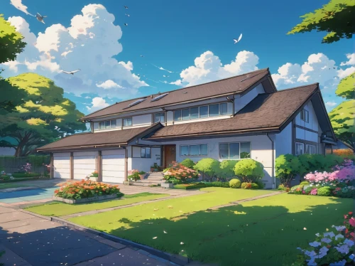 roof landscape,home landscape,grass roof,summer cottage,dreamhouse,ghibli,beautiful home,house roofs,studio ghibli,sylvania,house painting,springfield,violet evergarden,little house,house roof,cottage,lonely house,springtime background,roofs,country house,Illustration,Japanese style,Japanese Style 03