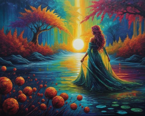 dubbeldam,fantasy picture,oil painting on canvas,fantasy art,beltane,art painting,colorful background,sundancer,color fields,the mystical path,colorful light,dreamscape,luminous,harmony of color,dream art,oil on canvas,fantasia,colored pencil background,boho art,oil painting,Illustration,Realistic Fantasy,Realistic Fantasy 25