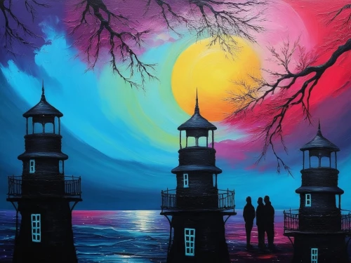 lighthouses,lighthouse,illuminated lantern,lanterns,silhouette art,light house,oriental lantern,electric lighthouse,art painting,world digital painting,sea night,night scene,streetlamps,digital art,lamplighters,fantasy picture,murano lighthouse,harbor,street lamps,colorful light,Illustration,Realistic Fantasy,Realistic Fantasy 25