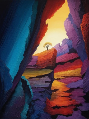 cave on the water,danxia,canyoneering,cave,sea caves,ice cave,canyon,caves,canyons,chasm,lava river,desert landscape,cavern,digital painting,world digital painting,blue caves,caverns,futuristic landscape,red cliff,grotte,Illustration,Realistic Fantasy,Realistic Fantasy 25
