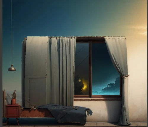 bedroom window,sleeping room,bedroom,coucher,crewdson,window curtain,bedside lamp,slumberland,bedrooms,evening atmosphere,chambre,window with sea view,a curtain,house silhouette,blue room,windowblinds,curtains,boy's room picture,guest room,lampe,Illustration,Realistic Fantasy,Realistic Fantasy 28