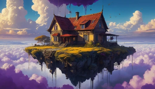 witch's house,lonely house,dreamhouse,house silhouette,floating island,house with lake,purple landscape,fantasy landscape,little house,witch house,house by the water,home landscape,fairy tale castle,house in the forest,small house,house in mountains,fairy chimney,ghost castle,fairytale castle,fantasy picture,Conceptual Art,Sci-Fi,Sci-Fi 01