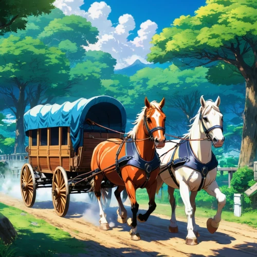 wooden carriage,horse and cart,horse drawn,horse-drawn carriage,horse carriage,epona,covered wagon,horse drawn carriage,carriage,clydesdale,clydesdales,wooden wagon,old wagon train,equine,horse-drawn vehicle,stagecoaches,stagecoach,carriage ride,horsecar,beautiful horses,Illustration,Japanese style,Japanese Style 03