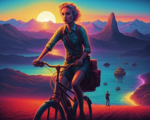 woman bicycle,bicyclist,bicycle,bicycle ride,solotrek,barsoom,bici,bike rider,bicycling,sci fiction illustration,cycling,bicyclette,cyclist,bicycle riding,burning man,biking,girl with a wheel,bike ride,bicicleta,girl on the dune,Illustration,Realistic Fantasy,Realistic Fantasy 25