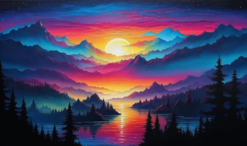 mountain sunrise,colorful background,landscape background,fantasy landscape,beautiful wallpaper,dreamscape,nature background,colorful stars,dusk,evening lake,kaleidoscape,dusk background,colorful light,incredible sunset over the lake,purple landscape,fantasy picture,intense colours,nature landscape,mountain landscape,twilights,Illustration,Realistic Fantasy,Realistic Fantasy 25