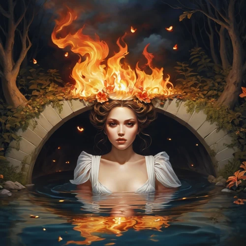 fire and water,kupala,fire siren,fire background,fire angel,fantasy picture,lake of fire,fire dancer,the blonde in the river,the night of kupala,sirens,fireheart,flame of fire,margairaz,pyromaniac,pyromania,fire artist,flame spirit,fantasy portrait,beltane,Illustration,Abstract Fantasy,Abstract Fantasy 11