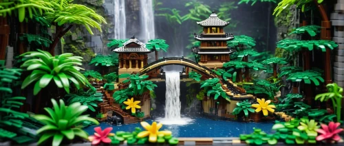 lego background,fairy village,waterfall,water falls,tropical jungle,garden of the fountain,amazonica,botanical gardens,polyneices,miniland,rainforest,water fall,botanical garden,fairy world,fountain,fountain pond,waterfalls,green waterfall,biopiracy,tropical forest,Illustration,Paper based,Paper Based 28
