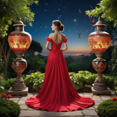 red gown,man in red dress,lady in red,girl in red dress,night view of red rose,fantasy picture,red tunic,evening dress,red dress,in red dress,nightdress,celtic woman,fairy tale,red cape,enchanting,lady of the night,serenata,romantic portrait,fairytale,ball gown,Photography,General,Realistic