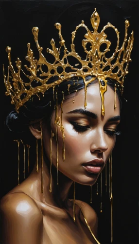 golden crown,gold crown,gold foil crown,gold leaf,gold paint stroke,gilded,oil painting on canvas,crowned,golden mask,gold paint strokes,gold mask,oshun,yellow crown amazon,baoshun,dourado,black and gold,gold foil art,gold filigree,gold lacquer,gouden,Conceptual Art,Fantasy,Fantasy 15