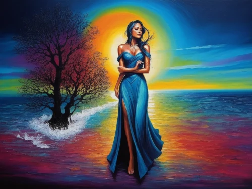 oil painting on canvas,girl in a long dress,dubbeldam,art painting,tarja,oil painting,rainbow background,fantasy picture,alsou,sherine,girl on the river,pintura,fantasy art,oil on canvas,aliyeva,neon body painting,colorful background,dream art,angham,aquarius,Illustration,Realistic Fantasy,Realistic Fantasy 25