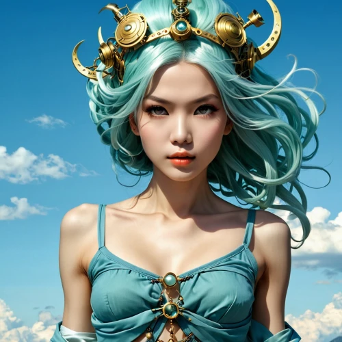 oriental princess,fantasy portrait,fantasy art,teal blue asia,blue enchantress,medusa,undine,oriental girl,mongolian girl,fantasy girl,amphitrite,zodiac sign libra,fantasy woman,turquoise,circlet,inner mongolian beauty,moondragon,color turquoise,headpiece,bacchante,Illustration,Abstract Fantasy,Abstract Fantasy 11