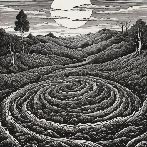 woodring,donwood,labyrinths,shifting dunes,shifting dune,labyrinth,ploughed,spiral art,winding road,time spiral,spirals,escher,dieckmann,woodcut,voormann,spiral,meander,carcosa,tire track,undulations,Illustration,Black and White,Black and White 18