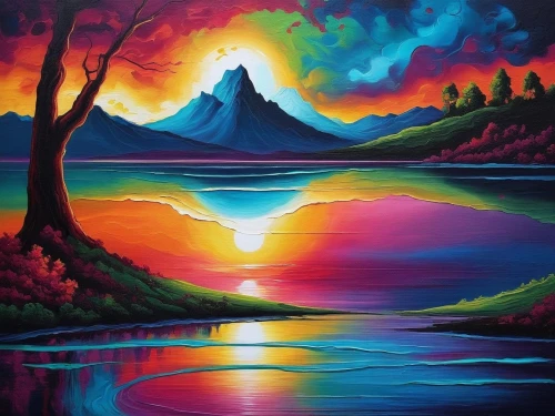 river landscape,nature landscape,landscape background,volcanic landscape,colorful background,art painting,oil painting on canvas,mountain sunrise,colorful light,landscape nature,coastal landscape,splendid colors,volcanic lake,acid lake,colorful water,incredible sunset over the lake,vibrant color,vibrantly,intense colours,evening lake,Illustration,Realistic Fantasy,Realistic Fantasy 25