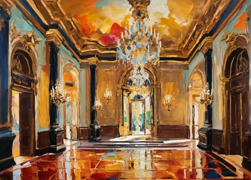 ballroom,venetian hotel,hotel lobby,royal interior,ornate room,venetian,corridor,mikhailovsky,entrance hall,maggiano,foyer,crown palace,palazzo,hotel hall,paradores,chandeliers,taj mahal hotel,baccarat,grandeur,lobby,Conceptual Art,Oil color,Oil Color 20