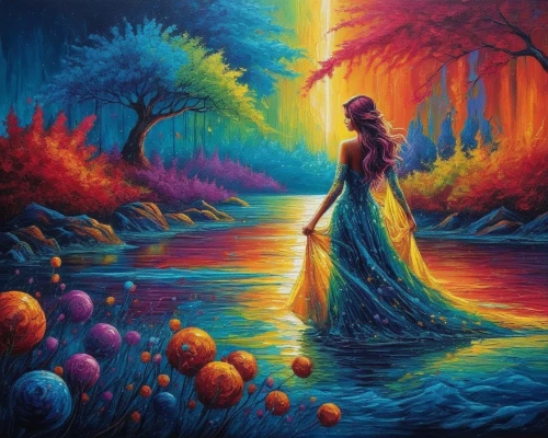 oil painting on canvas,dubbeldam,fantasy picture,fantasy art,colorful background,art painting,colorful tree of life,vibrantly,harmony of color,dream art,oil painting,the mystical path,vibrancy,color fields,colorful light,bohemian art,dreamscape,the festival of colors,oil on canvas,garden of eden,Illustration,Realistic Fantasy,Realistic Fantasy 25