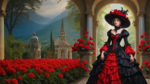 red carnations,victorian lady,red poppies,red rose,duchesse,queen of hearts,victoriana,lady in red,red carnation,red roses,fantasy picture,gothic portrait,flamenca,red flower,way of the roses,gothic dress,red flowers,habanera,red petals,gothic woman