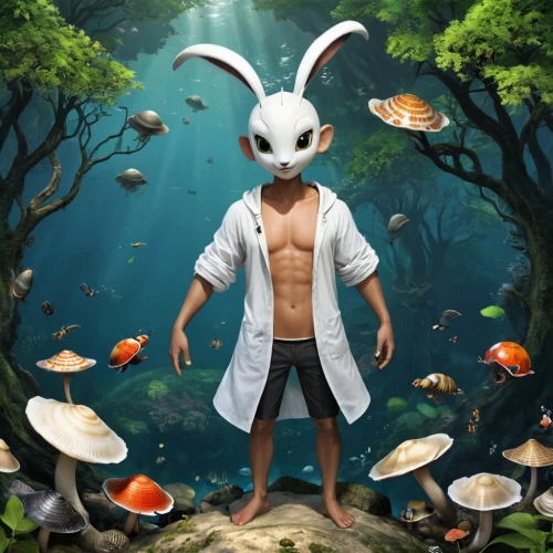 white rabbit,fantasy picture,biologist,rabbids,3d fantasy,sci fiction illustration,photo manipulation,actaeon,photomanipulation,game illustration,fantasy art,underwater background,photoshop manipulation,jasinski,lepus,derivable,aquatic life,seaquarium,deep zoo,surrealism,Unique,Design,Character Design