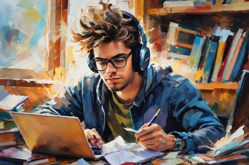 bookworm,donsky,study,illustrator,world digital painting,jasinski,artist portrait,librarian,bookman,digital painting,studious,scholar,tutor,study room,studiolo,estudiante,author,pintor,intelectual,man with a computer,Conceptual Art,Oil color,Oil Color 20