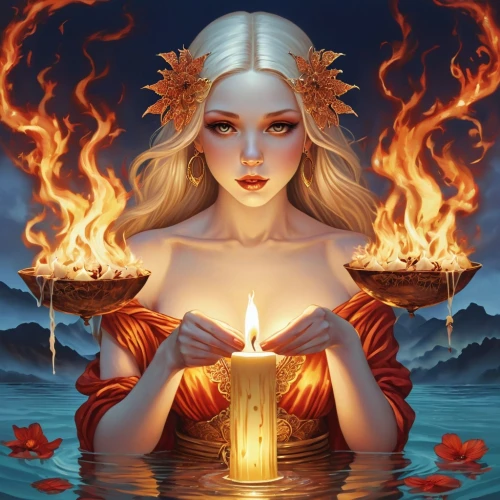 fire and water,fire siren,kupala,fire angel,flame spirit,beltane,flame of fire,pyromaniac,burning candle,imbolc,pillar of fire,fire artist,witchfire,pyromania,fire flower,fire heart,burning torch,fiery,lake of fire,pyrokinesis,Illustration,Abstract Fantasy,Abstract Fantasy 11