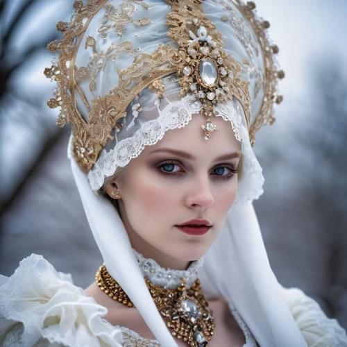 suit of the snow maiden,the snow queen,white rose snow queen,white fur hat,headpiece,headdress,jingna,beautiful bonnet,victorian lady,russian folk style,noblewoman,ice queen,headdresses,nihang,circlet,priestess,snow white,white lady,evgenia,the carnival of venice,Photography,General,Realistic