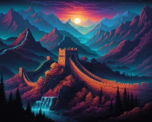 fantasy landscape,great wall,dragon bridge,mountain landscape,mountain scene,mountain world,castlevania,fantasy picture,mountains,high mountains,castle keep,knight's castle,beautiful wallpaper,landscape background,summit castle,mountainous landscape,mountain sunrise,mountain slope,world digital painting,mountain peak,Illustration,Realistic Fantasy,Realistic Fantasy 25