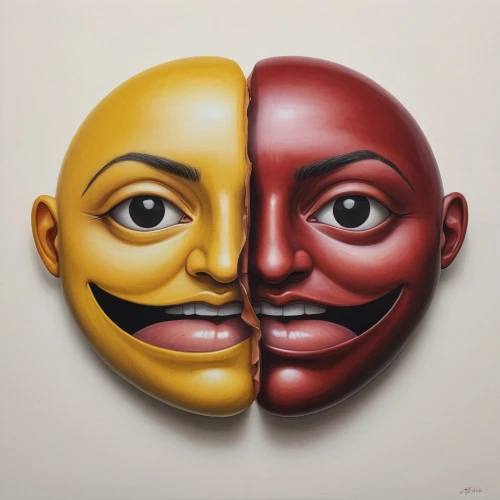 comedy tragedy masks,multicolor faces,split personality,masks,commedia,halloween masks,two people,koons,unmasks,facelessness,goude,bipolar,african masks,anonymous mask,ventriloquism,heads,dualism,bifaces,ventriloquist,mirrormask,Illustration,Realistic Fantasy,Realistic Fantasy 07
