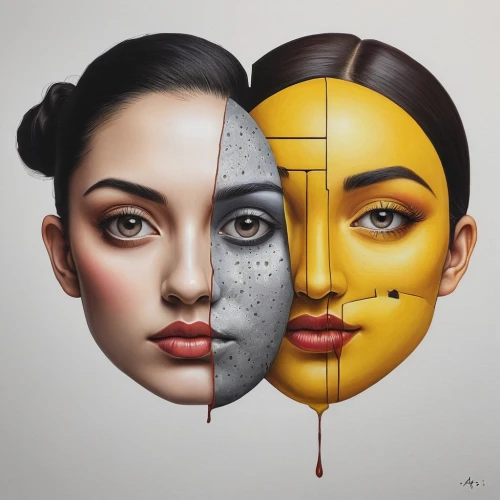chevrier,rankin,split personality,multicolor faces,duality,duplicity,dualities,dualism,fragmented,cool pop art,opposites,yin yang,facticity,two face,surrealism,masks,photo manipulation,moon phases,antisymmetric,unmasks,Illustration,Realistic Fantasy,Realistic Fantasy 07