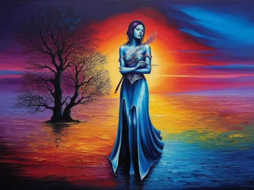 oil painting on canvas,art painting,fantasy picture,fantasy art,dubbeldam,girl in a long dress,neon body painting,bodypainting,oil painting,blue enchantress,amphitrite,siggeir,inanna,persephone,glass painting,ariadne,sirenia,mystical portrait of a girl,sublimity,pintura,Illustration,Realistic Fantasy,Realistic Fantasy 25