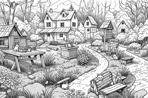 witch's house,township,whorwood,cottage garden,houses clipart,fairy village,farmhouses,escher village,allotments,maplecroft,cottages,witch house,ludgrove,netherwood,vegetable garden,cottage,houses,greywater,watermill,bungalows,Design Sketch,Design Sketch,Detailed Outline