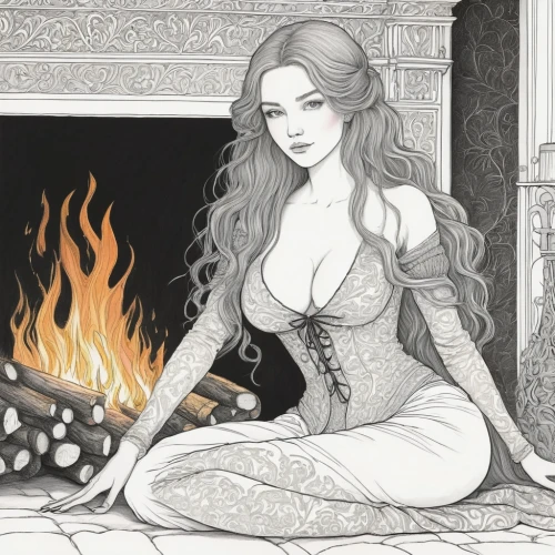 margaery,melisandre,noblewoman,sigyn,etain,chiaradia,fireheart,margairaz,fireplace,behenna,melusine,cinder,eldena,lysette,triss,mervat,fireside,fire siren,sorceress,fireplaces,Illustration,Black and White,Black and White 13