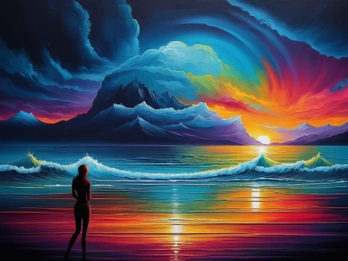 rainbow waves,seascape,dream art,dreamscape,colorful background,ocean background,tidal wave,sea landscape,ocean waves,ocean,dreamscapes,vibrantly,intense colours,ocean paradise,the endless sea,lucidity,dubbeldam,soundwaves,psychosynthesis,wavefront,Illustration,Realistic Fantasy,Realistic Fantasy 25