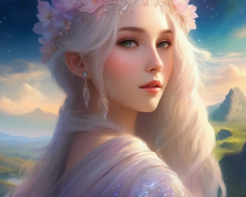 fantasy portrait,galadriel,elven flower,fantasy picture,amalthea,reynir,elven,fantasy art,sigyn,allura,romantic portrait,lorien,ellinor,noldor,mystical portrait of a girl,faerie,fairy queen,daenerys,white rose snow queen,yiwen,Illustration,Realistic Fantasy,Realistic Fantasy 01