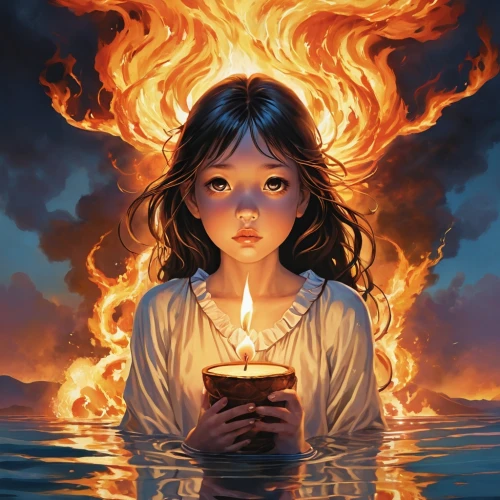 fire and water,burning candle,krathong,burning candles,fire artist,pyromaniac,flame spirit,pyrokinesis,burning torch,candle,pyromania,candle flame,lilin,flame of fire,the eternal flame,velas,afire,kupala,candle light,fire eater,Illustration,Abstract Fantasy,Abstract Fantasy 11