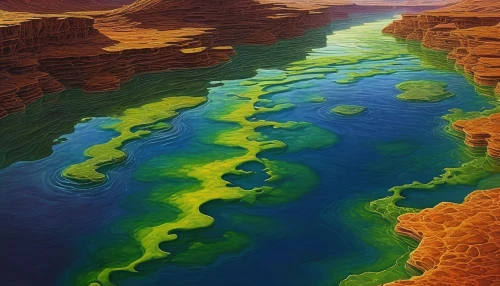 acid lake,danxia,underwater landscape,colorful water,erosion,phytoplankton,lake powell,waterscape,lava river,river delta,the dead sea,colorful grand prismatic spring,water scape,river landscape,fractals art,oil in water,sea landscape,seafloor,libyan desert,rainbow waves,Illustration,Realistic Fantasy,Realistic Fantasy 03