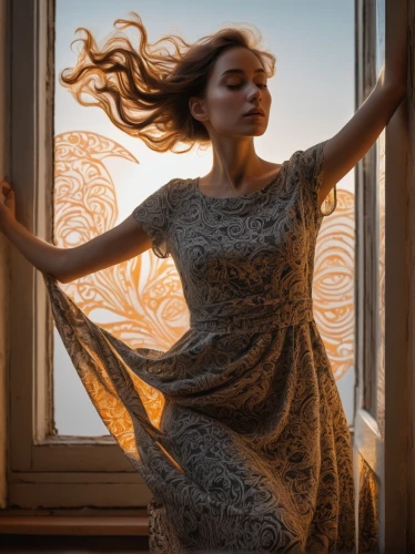 girl in a long dress,gracefulness,kathak,rapunzel,window curtain,flamenco,tahiliani,dance with canvases,little girl in wind,celtic woman,a girl in a dress,flamenca,arabesque,juliet,gold filigree,carice,rumi,windhover,eurythmy,dance silhouette,Illustration,Vector,Vector 12