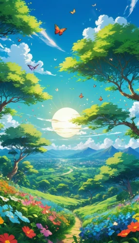 landscape background,blooming field,spring background,springtime background,nature background,sea of flowers,cartoon video game background,hisaishi,meadow landscape,ghibli,spring leaf background,children's background,fairy world,sakura background,dreamscape,japanese sakura background,butterfly background,summer meadow,windows wallpaper,flower field,Illustration,Japanese style,Japanese Style 03