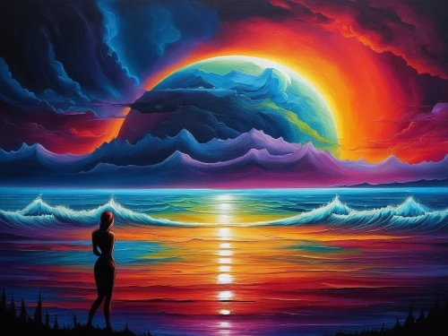 rainbow waves,rainbow clouds,rainbow background,abstract rainbow,colorful light,dream art,colorful background,rainbow colors,rainbow and stars,dreamscape,intense colours,senja,light spectrum,rainbow bridge,harmony of color,fantasy picture,seascape,oil painting on canvas,art painting,rainbow,Illustration,Realistic Fantasy,Realistic Fantasy 25