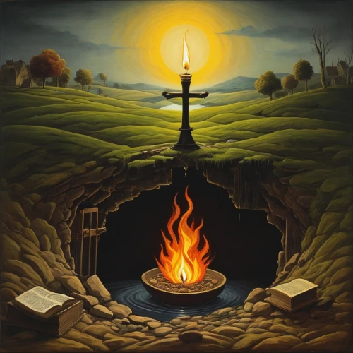 the eternal flame,fireplace,campfire,cauldron,burning torch,samhain,imbolc,cauldrons,beltane,pyre,pillar of fire,wishing well,burning candle,pyromania,fire background,cremation,firelight,fire bowl,fairy chimney,fire ring,Art,Artistic Painting,Artistic Painting 28