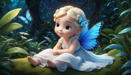 little girl fairy,tinkerbell,fairy,thumbelina,fairies,rosa ' the fairy,tink,cute cartoon character,fairyland,blue butterfly background,little angel,cute cartoon image,fairy tale character,fairy queen,fairie,faery,faerie,garden fairy,rosa 'the fairy,flower fairy,Unique,3D,3D Character