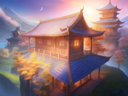 teahouse,roof landscape,chuseok,japanese shrine,teahouses,world digital painting,dojo,ancient house,lonely house,golden pavilion,asian architecture,wooden roof,the golden pavilion,landscape background,wooden house,tianxia,traditional house,fantasy landscape,little house,japan landscape,Illustration,Realistic Fantasy,Realistic Fantasy 01
