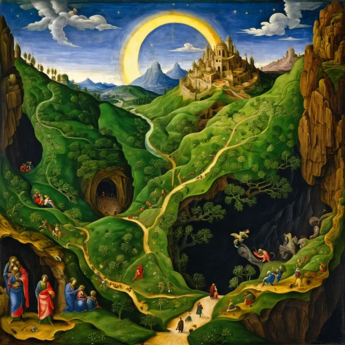 khokhloma painting,background image,rivendell,mountain scene,the mystical path,nacimiento,children's background,maiolica,alfheim,meteora,fantasy picture,gethsemane,virieu,genesis land in jerusalem,fairy village,orpheus,garden of eden,fantasy landscape,arcadia,caminos,Art,Classical Oil Painting,Classical Oil Painting 19