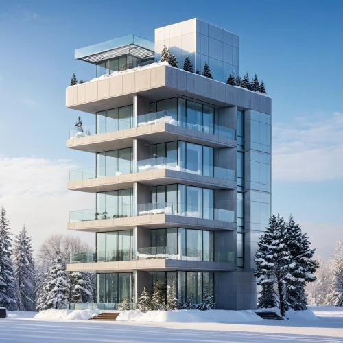 residential tower,penthouses,inmobiliaria,sky apartment,cubic house,escala,modern architecture,glass facade,snow house,snow roof,multistorey,appartment building,kopaonik,3d rendering,cantilevered,modern house,winter house,condominia,luxury property,revit,Photography,General,Realistic