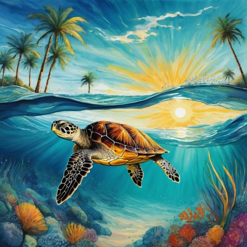 sea turtle,loggerhead turtle,tortuga,caretta,loggerhead,wyland,tortuguero,green turtle,terrapin,turtle,painted turtle,tortugas,land turtle,water turtle,glass painting,turtletaub,tortoise,trachemys,oil painting on canvas,tortue,Illustration,Abstract Fantasy,Abstract Fantasy 07