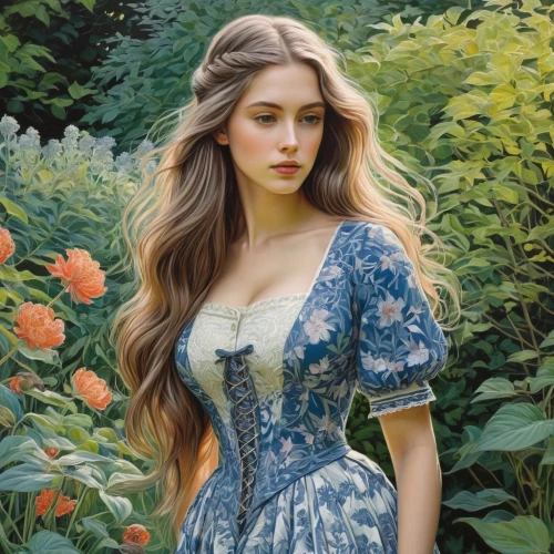 margairaz,girl in the garden,margaery,girl in flowers,country dress,beautiful girl with flowers,floral dress,floral,blue floral,girl in a long dress,galadriel,elizaveta,fantasy portrait,kotova,yelizaveta,rapunzel,belle,vasilisa,perugini,ellinor,Illustration,Black and White,Black and White 15