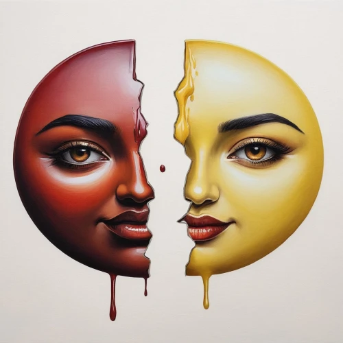 colorism,multicolor faces,split personality,rankin,cool pop art,duality,effect pop art,pop art effect,complexions,dualities,pigmentation,pop art colors,opposites,yin yang,duplicity,dualism,mirror image,bipolar,oil painting on canvas,modern pop art,Illustration,Realistic Fantasy,Realistic Fantasy 07