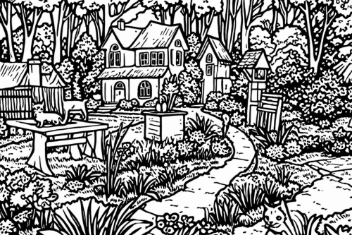 fairy village,cottage garden,gardens,woodring,crypts,witch's house,rivendell,garden,fairy house,courtyards,vegetable garden,escher village,monastery garden,the garden,houses clipart,whorwood,coloring page,garden of plants,farmhouses,cottage,Design Sketch,Design Sketch,Rough Outline