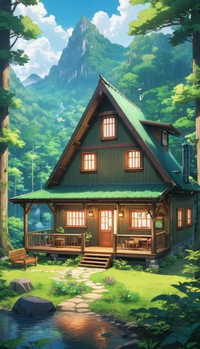 house in the forest,log home,forest house,summer cottage,house in mountains,wooden house,house in the mountains,butka,the cabin in the mountains,little house,log cabin,dreamhouse,rustic aesthetic,teahouse,house with lake,cottage,studio ghibli,home landscape,small cabin,beautiful home,Illustration,Japanese style,Japanese Style 03